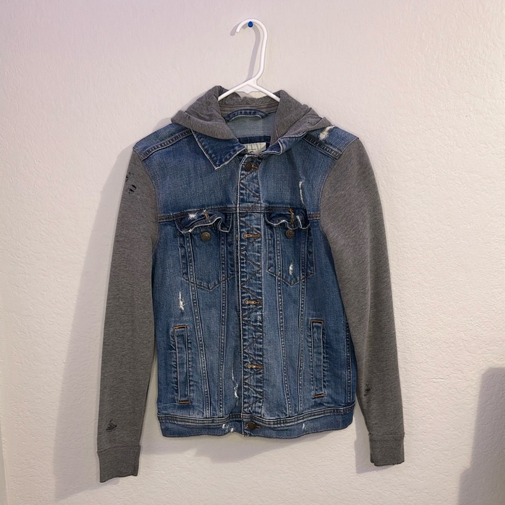 Hollister Blue and Gray Hooded Jean Jacket